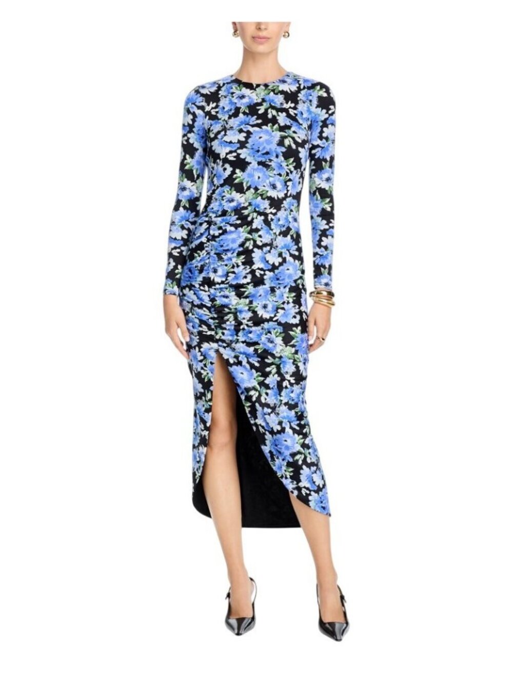 NWT Aqua Ruched Long Sleeve Front Slit Knit Midi Dress DC10542BL Black / Blue L